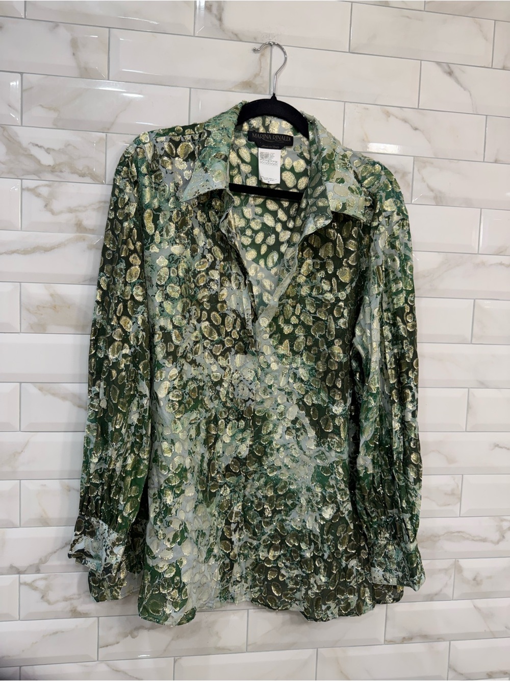 Marina Rinaldi Green Patterned Long-Sleeve Blouse with Removable Scarf - Picture 7 of 10